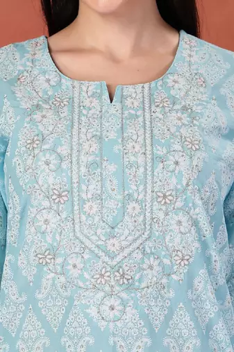 Floral printed thread work notch neck pure cotton straight kurta
