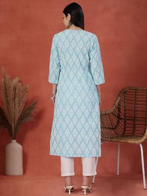 Floral printed thread work notch neck pure cotton straight kurta 4