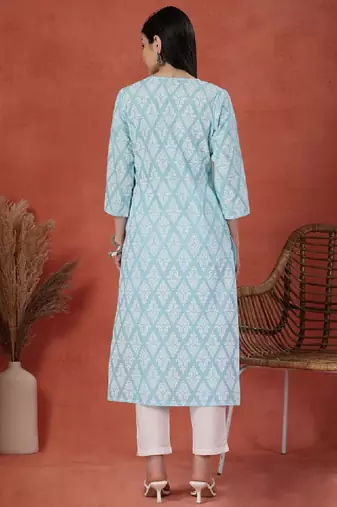 Floral printed thread work notch neck pure cotton straight kurta