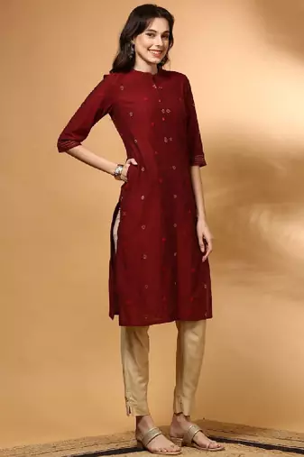 Women ethnic motifs woven design pure cotton straight kurta