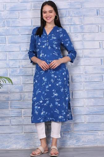 Floral printed mandarin collar straight kurta