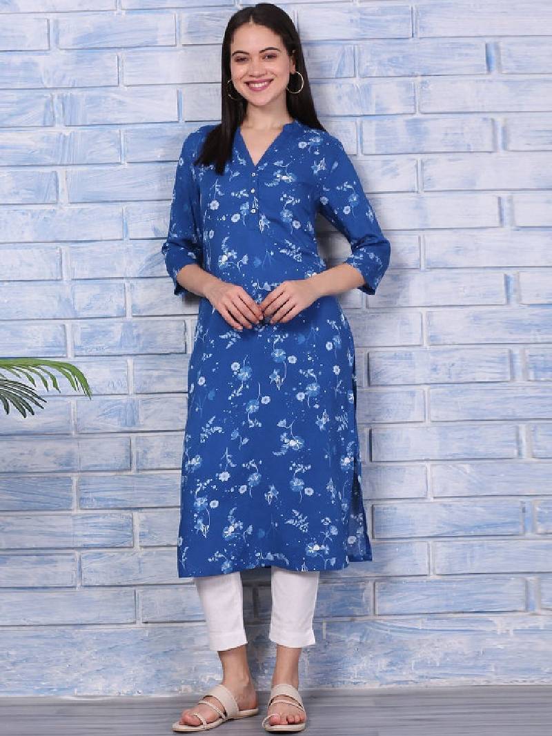 Floral printed mandarin collar straight kurta