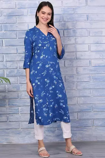 Floral printed mandarin collar straight kurta