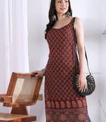 Womens floral print straight fit maroon cotton kurta with printed bottom border