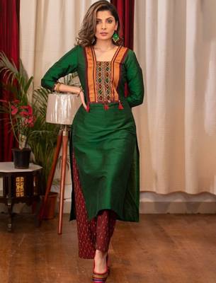 Women green abstract printed daily a-line cotton flared kurta 1
