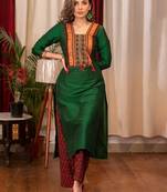 Women green abstract printed daily a-line cotton flared kurta