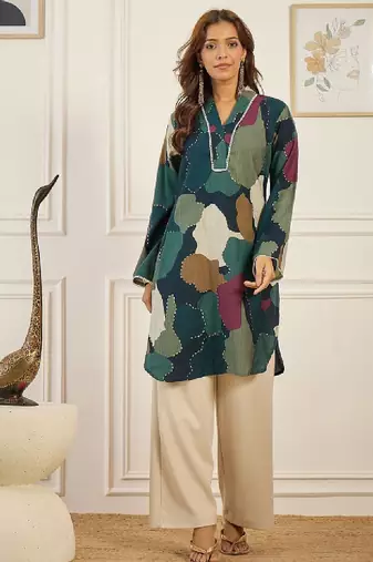 Abstract printed v-neck chanderi silk straight kurta