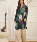 Abstract printed v-neck chanderi silk straight kurta