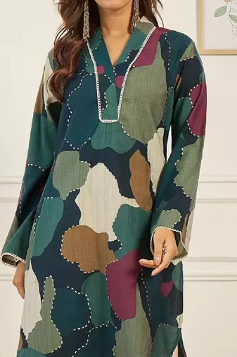 Abstract printed v-neck chanderi silk straight kurta