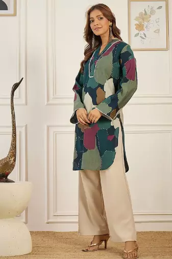 Abstract printed v-neck chanderi silk straight kurta