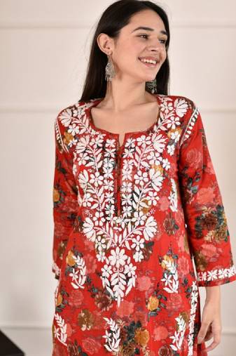 Women red mulmul chikankari embroidered kurta