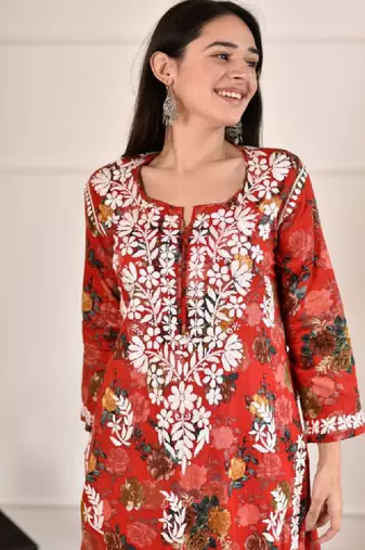 Women red mulmul chikankari embroidered kurta