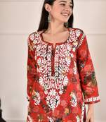 Women red mulmul chikankari embroidered kurta