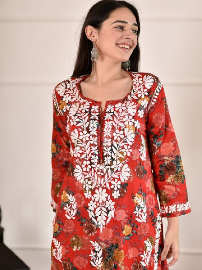 Women red mulmul chikankari embroidered kurta