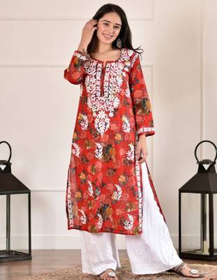 Women red mulmul chikankari embroidered kurta 2