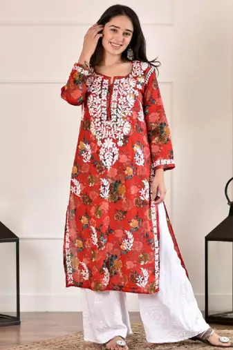 Women red mulmul chikankari embroidered kurta