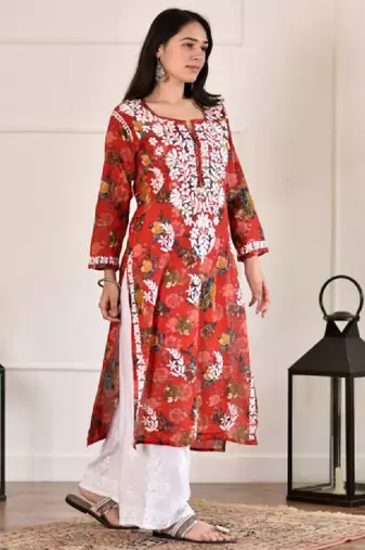Women red mulmul chikankari embroidered kurta