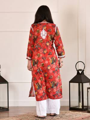 Women red mulmul chikankari embroidered kurta 4