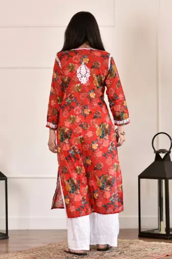 Women red mulmul chikankari embroidered kurta