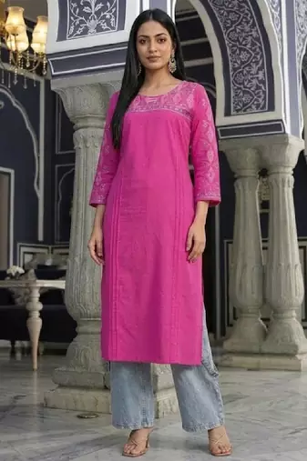 Women ethnic motifs embroidered daily cotton straight kurta