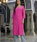 Women ethnic motifs embroidered daily cotton straight kurta