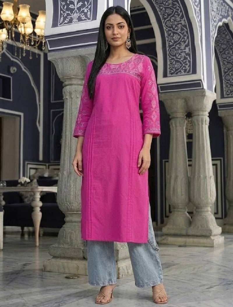 Women ethnic motifs embroidered daily cotton straight kurta
