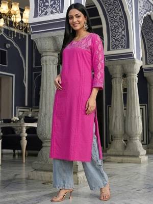 Women ethnic motifs embroidered daily cotton straight kurta 2
