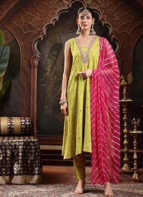 Women bandhani printed bandhej a-line thread work pastels kurta with dupatta 1