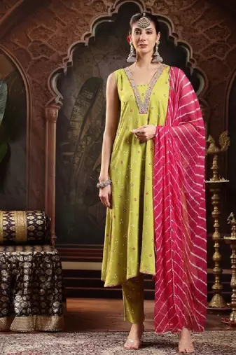 Women bandhani printed bandhej a-line thread work pastels kurta with dupatta