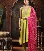 Women bandhani printed bandhej a-line thread work pastels kurta with dupatta
