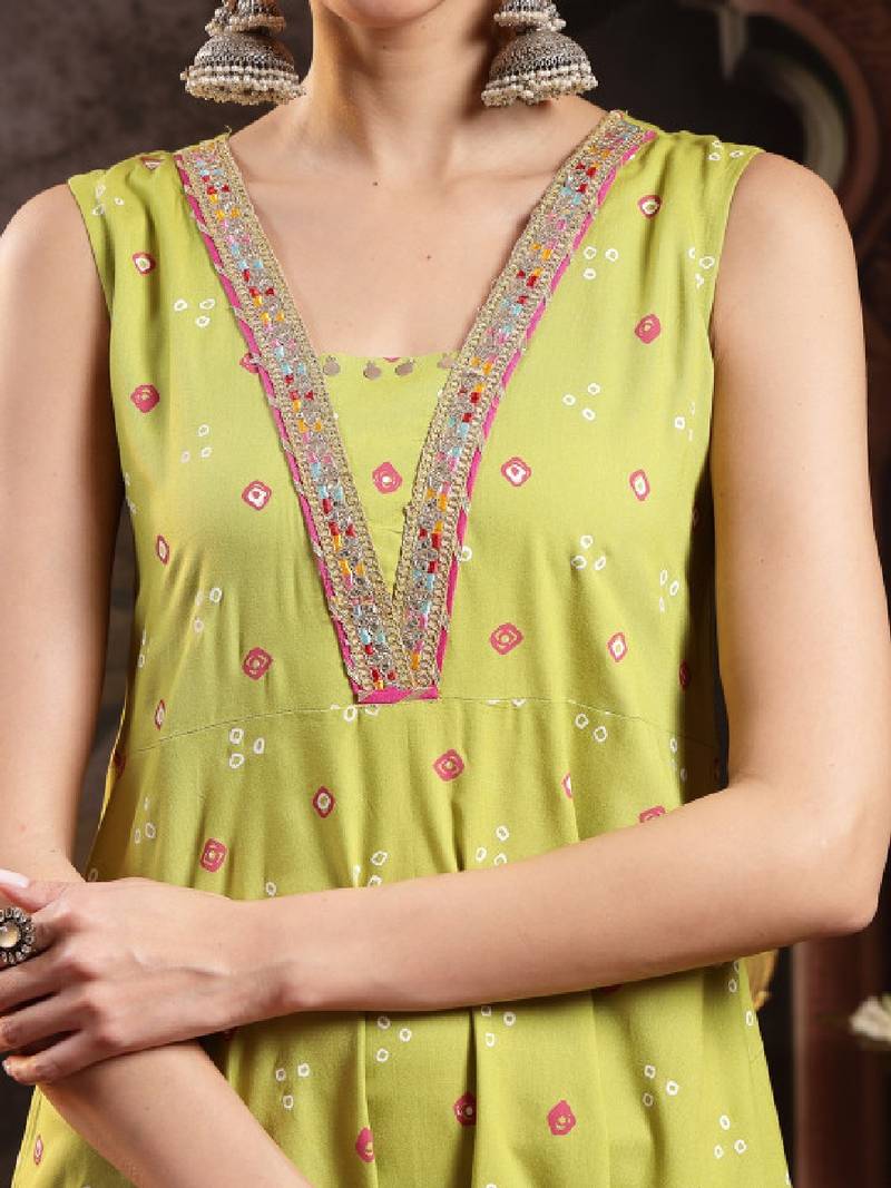 Women bandhani printed bandhej a-line thread work pastels kurta with dupatta
