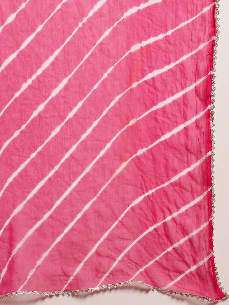 Women bandhani printed bandhej a-line thread work pastels kurta with dupatta