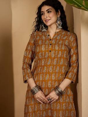 Floral printed mandarin collar pure cotton straight kurta 1