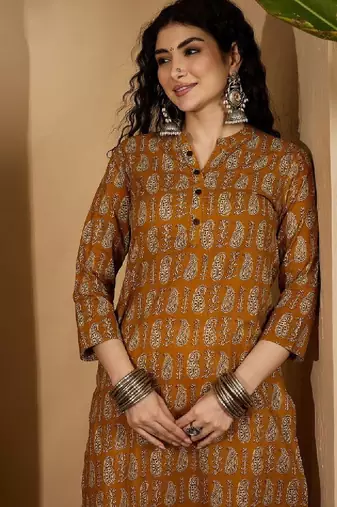 Floral printed mandarin collar pure cotton straight kurta
