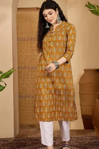 Floral printed mandarin collar pure cotton straight kurta