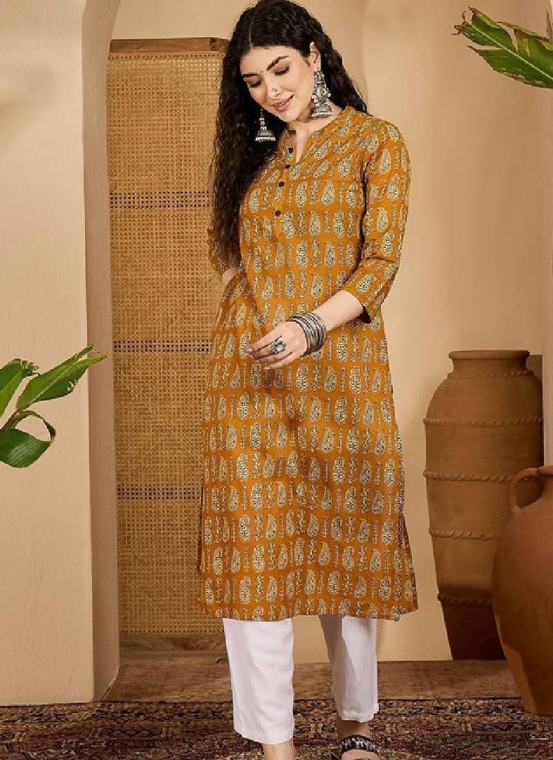 Floral printed mandarin collar pure cotton straight kurta