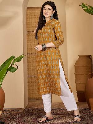 Floral printed mandarin collar pure cotton straight kurta 3