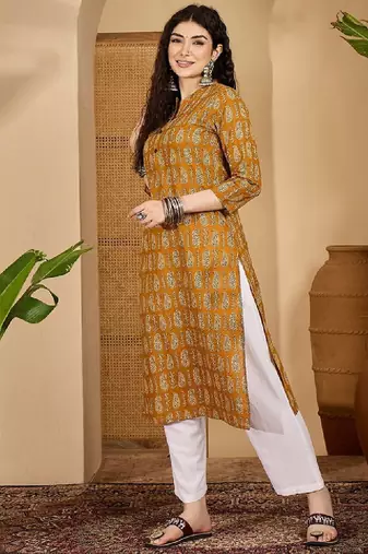 Floral printed mandarin collar pure cotton straight kurta