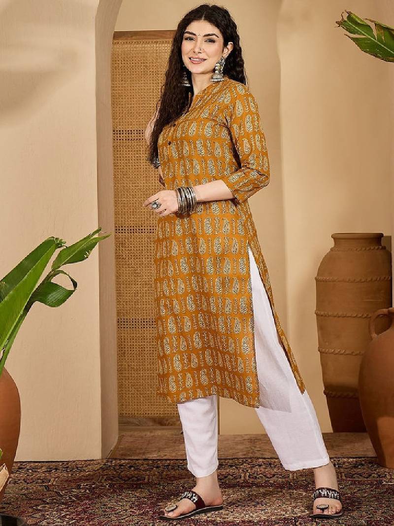 Floral printed mandarin collar pure cotton straight kurta