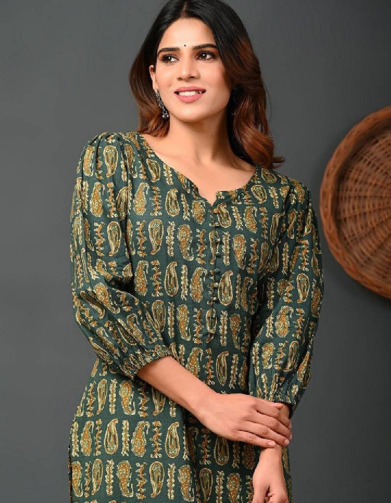 Women paisley printed puff sleeves pure cotton kurta