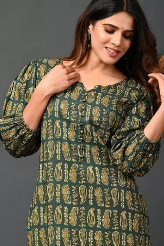 Women paisley printed puff sleeves pure cotton kurta