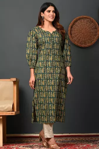 Women paisley printed puff sleeves pure cotton kurta
