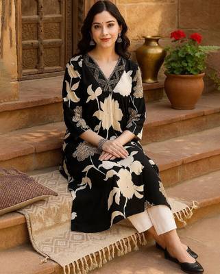 Floral printed v-neck straight rayon kurta 1