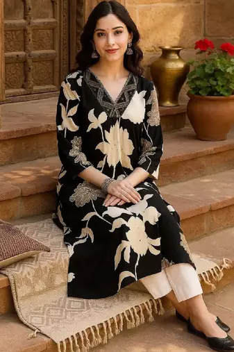 Floral printed v-neck straight rayon kurta
