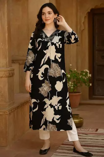 Floral printed v-neck straight rayon kurta