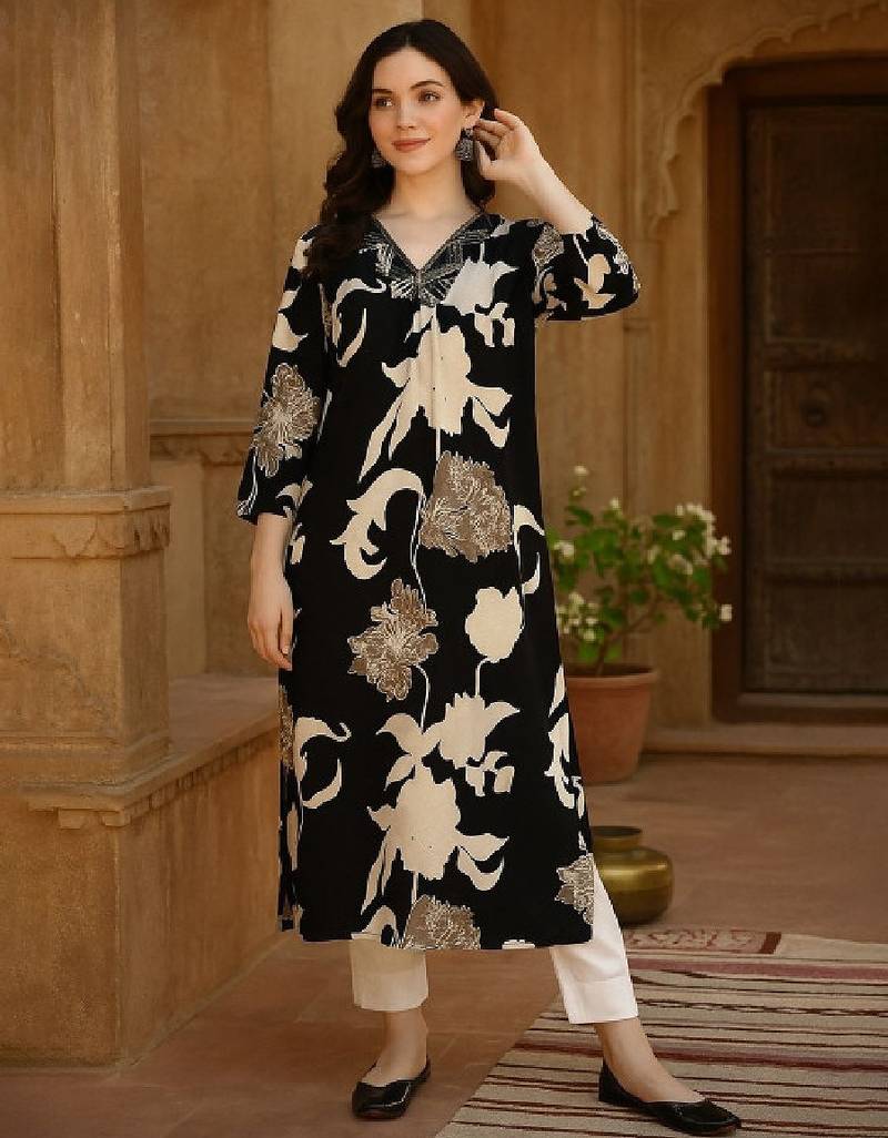 Floral printed v-neck straight rayon kurta