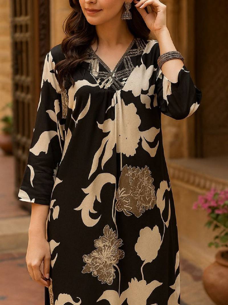 Floral printed v-neck straight rayon kurta