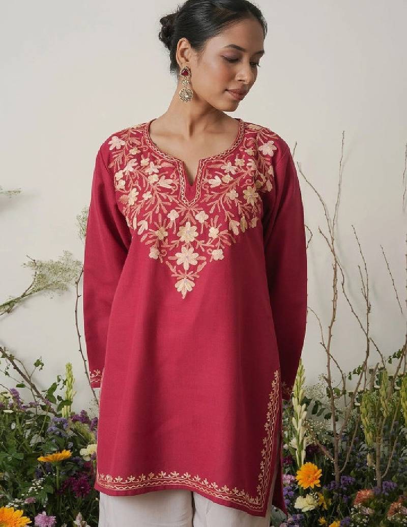 Women maroon floral embroidered daily cotton straight kurta
