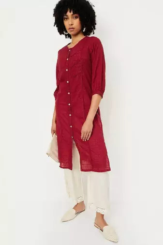Women woven design daily cotton straight kurta