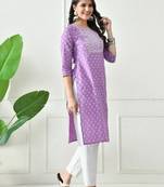 Women ethnic motifs embroidered round neck straight kurta